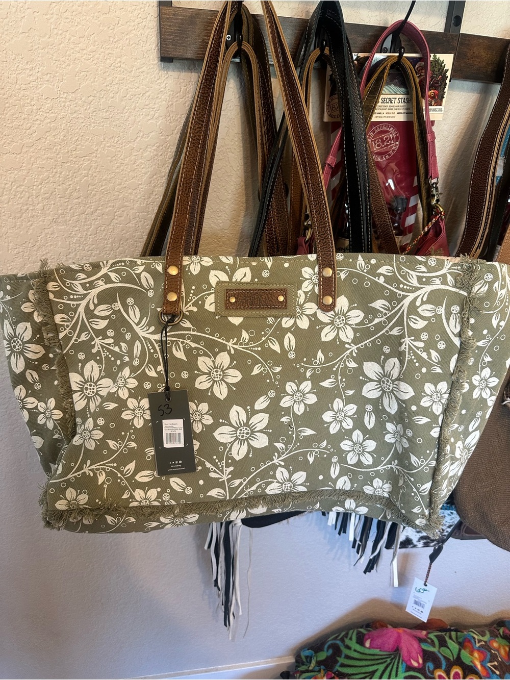Myra Bag Olive Green Floral Canvas Tote with Brown Handles